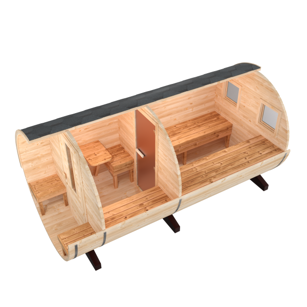 Fasssauna / Gartensauna / Banja / Round 4,0 m mit Balkon und Vorraum